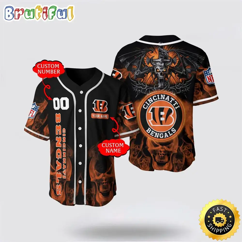 NFL Cincinnati Bengals Baseball Jersey 3D Personalized Skull Customization Options Available Image