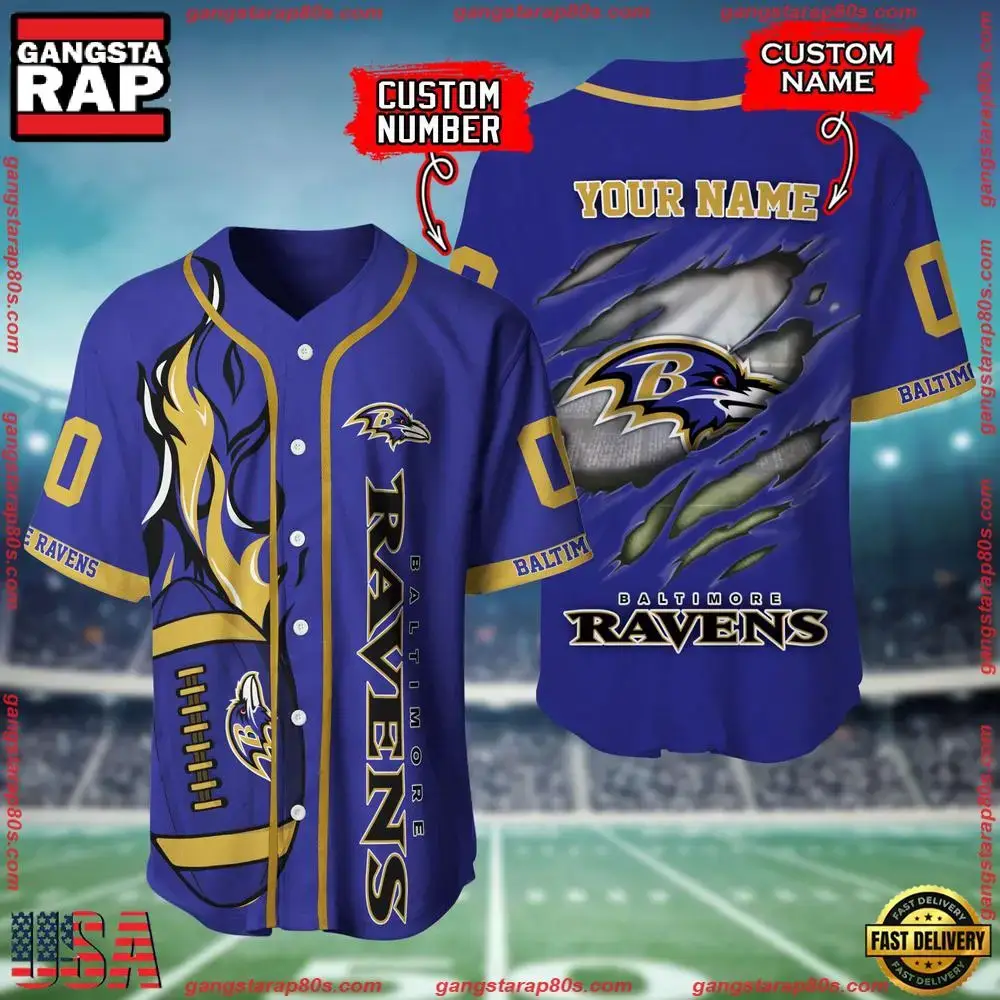NFL Custom Name And Number Baltimore Ravens Team Sport Baseball Jersey Shirt Image