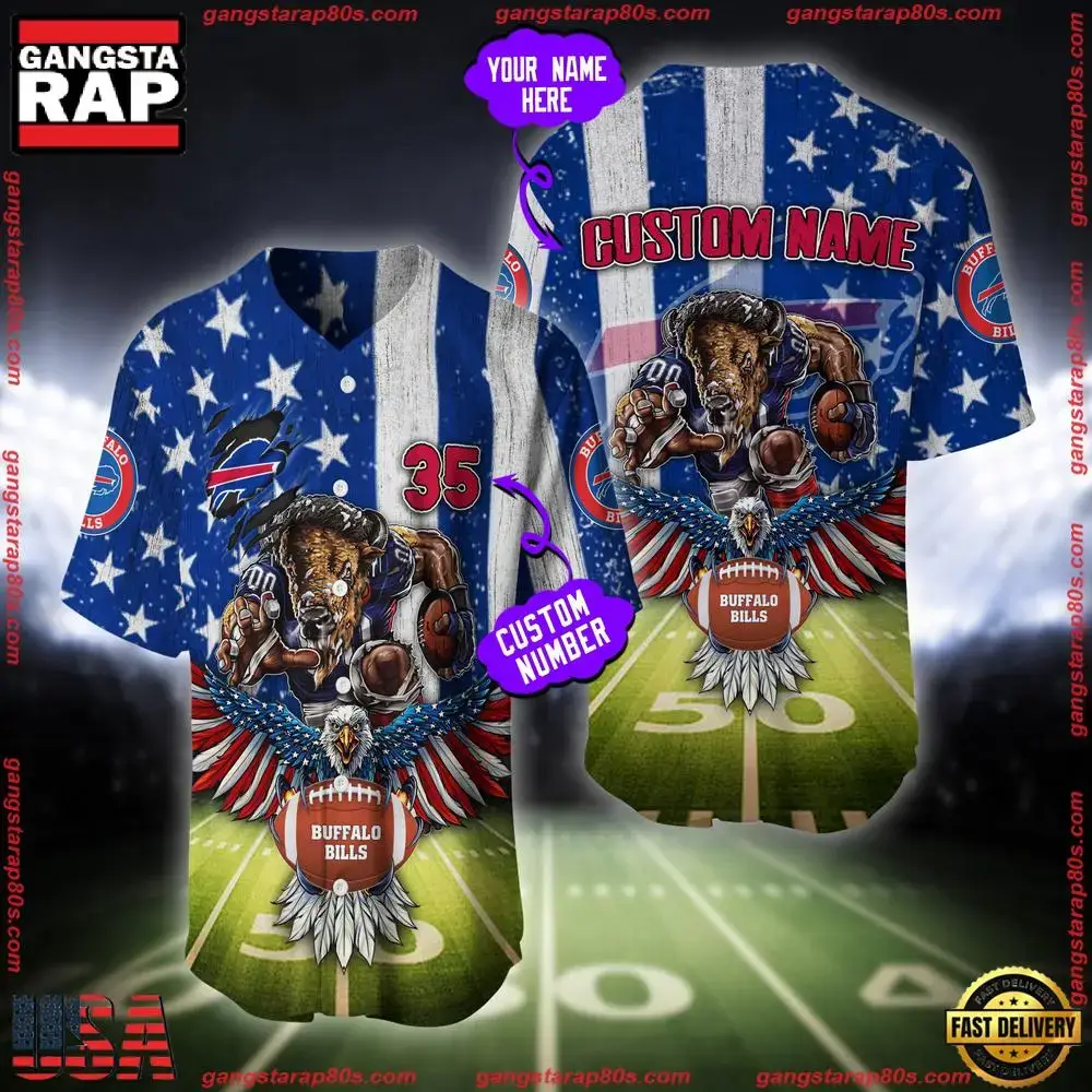 NFL Custom Name And Number Buffalo Bills Mascot US Flag Baseball Jersey Shirt Image