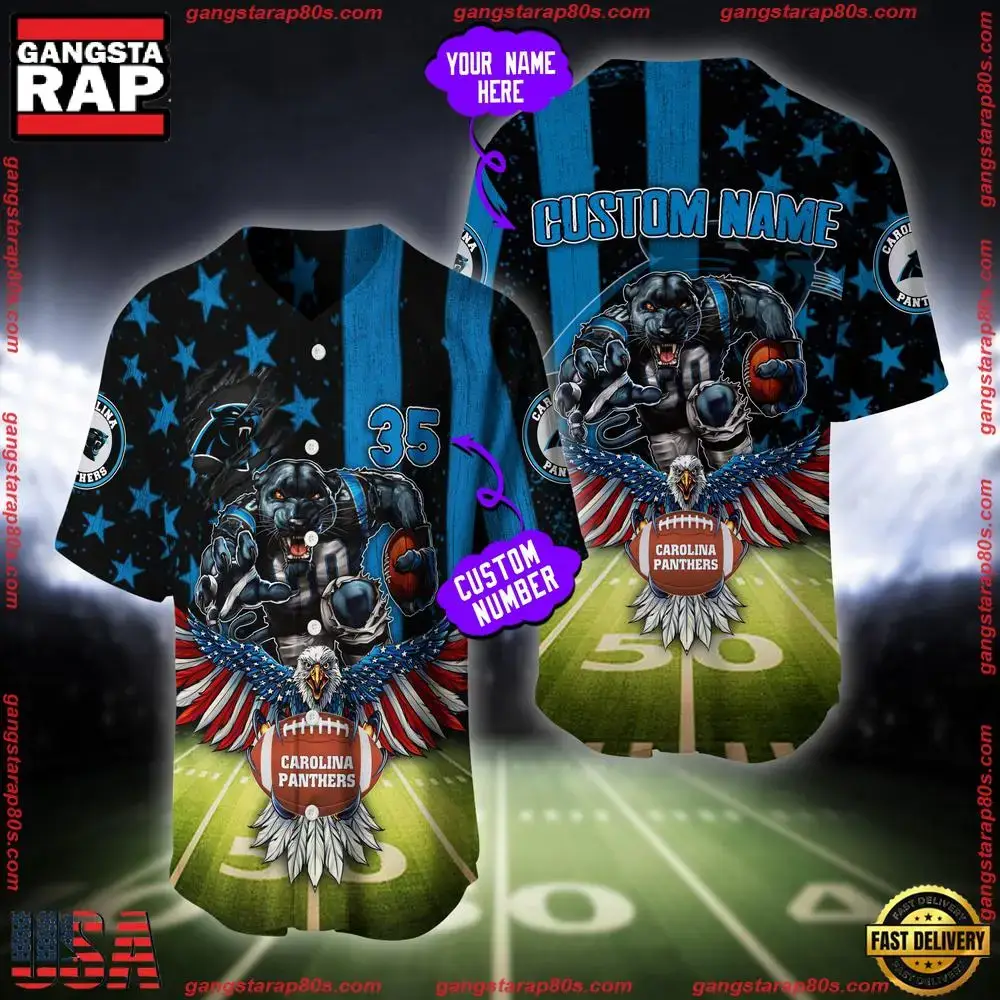 NFL Custom Name And Number Carolina Panthers Mascot US Flag Baseball Jersey Shirt Image