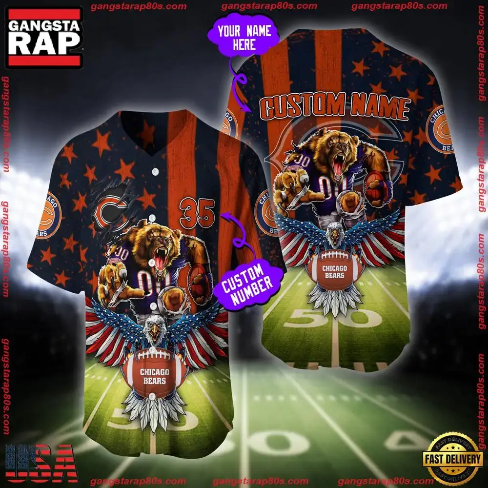 NFL Custom Name And Number Chicago Bears Mascot US Flag Baseball Jersey Shirt Image