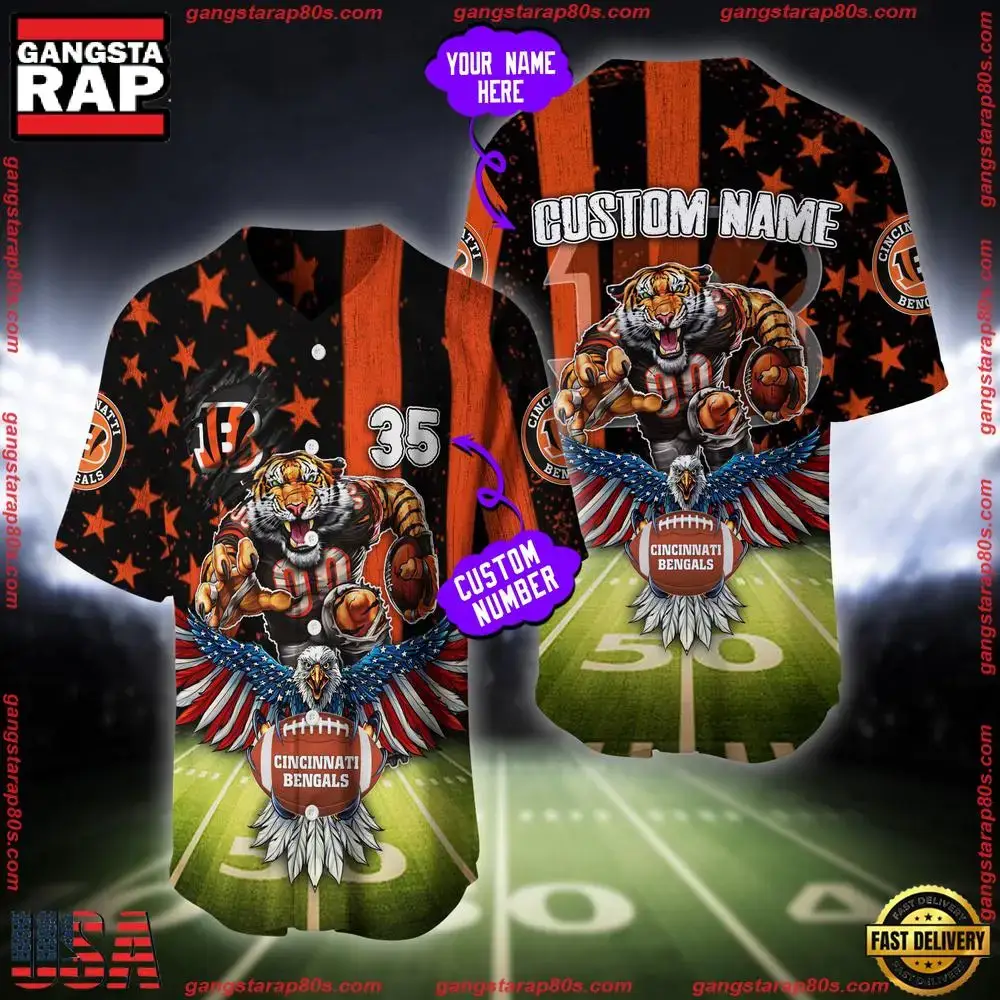 NFL Custom Name And Number Cincinnati Bengals Mascot US Flag Baseball Jersey Shirt Image