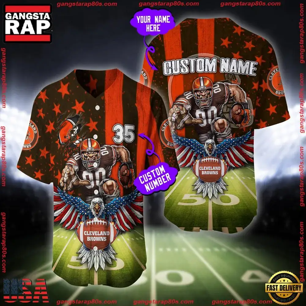 NFL Custom Name And Number Cleveland Browns Mascot US Flag Baseball Jersey Shirt Image