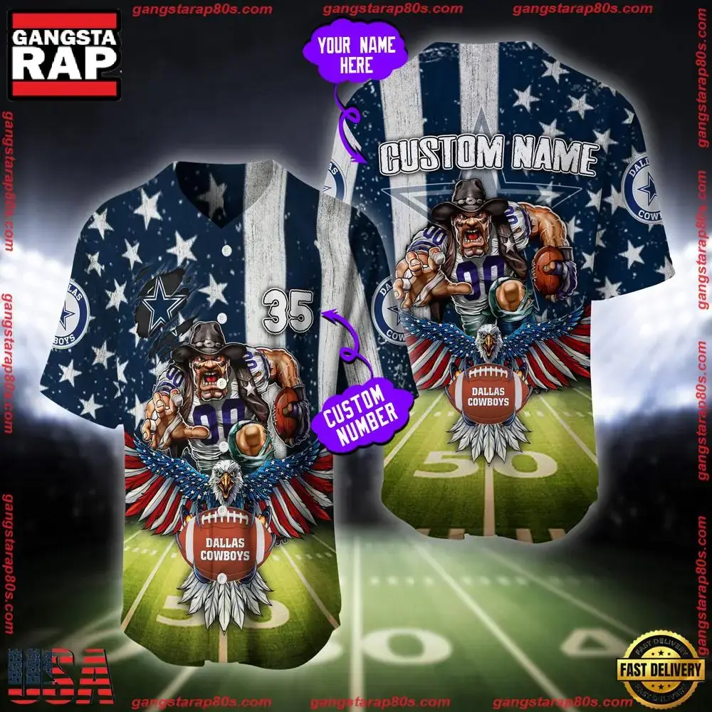NFL Custom Name And Number Dallas Cowboys Mascot US Flag Baseball Jersey Shirt Image