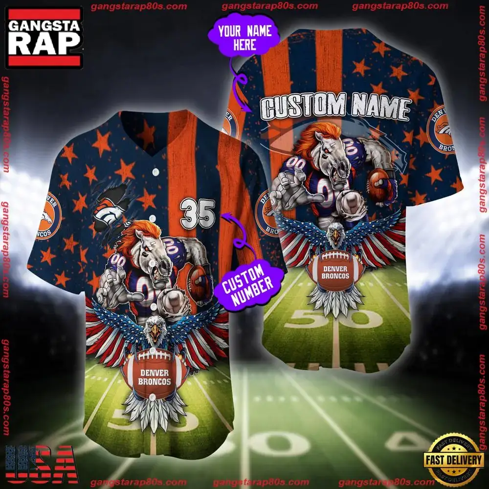 NFL Custom Name And Number Denver Broncos Mascot US Flag Baseball Jersey Shirt Image