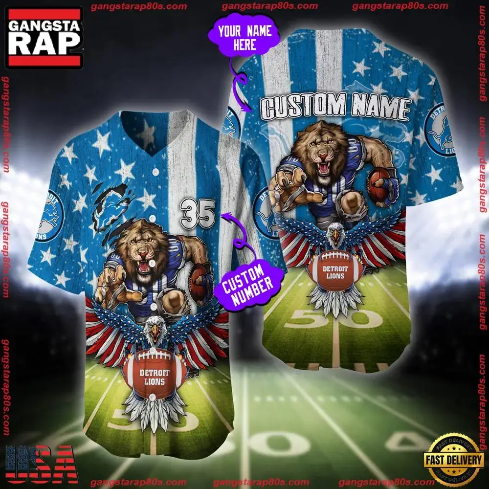 NFL Custom Name And Number Detroit Lions Mascot US Flag Baseball Jersey Shirt Image