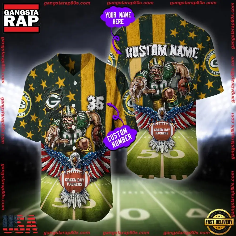 NFL Custom Name And Number Green Bay Packers Mascot US Flag Baseball Jersey Shirt Image
