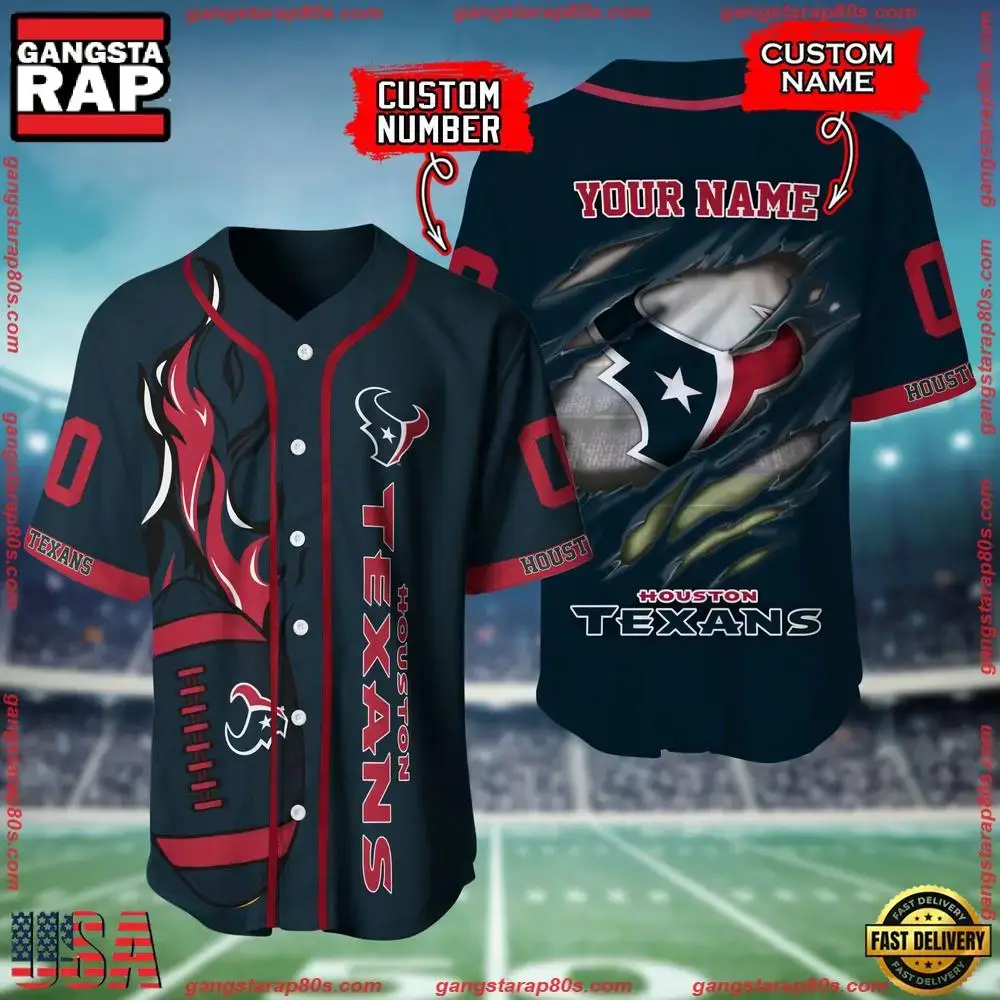 NFL Custom Name And Number Houston Texans Team Sport Baseball Jersey Shirt Image