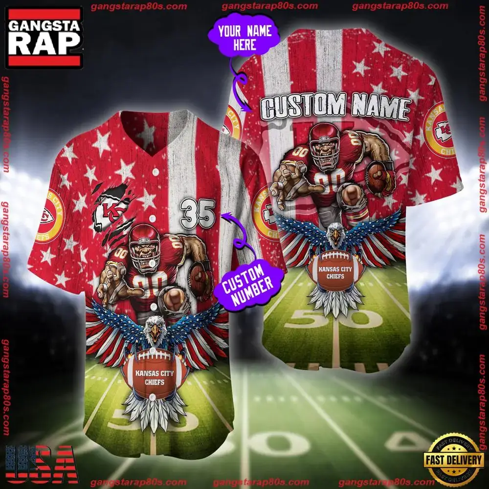NFL Custom Name And Number Kansas City Chiefs Mascot US Flag Baseball Jersey Shirt Image