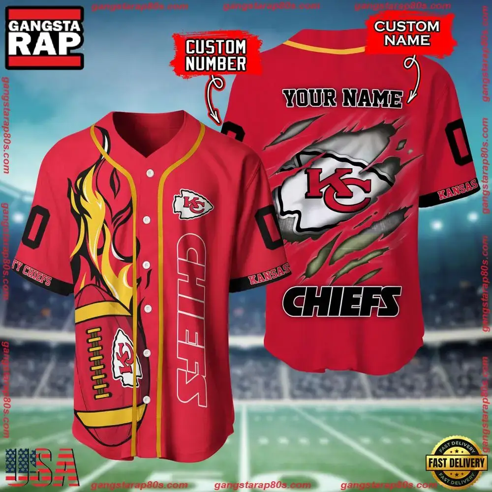 NFL Custom Name And Number Kansas City Chiefs Team Sport Baseball Jersey Shirt Image