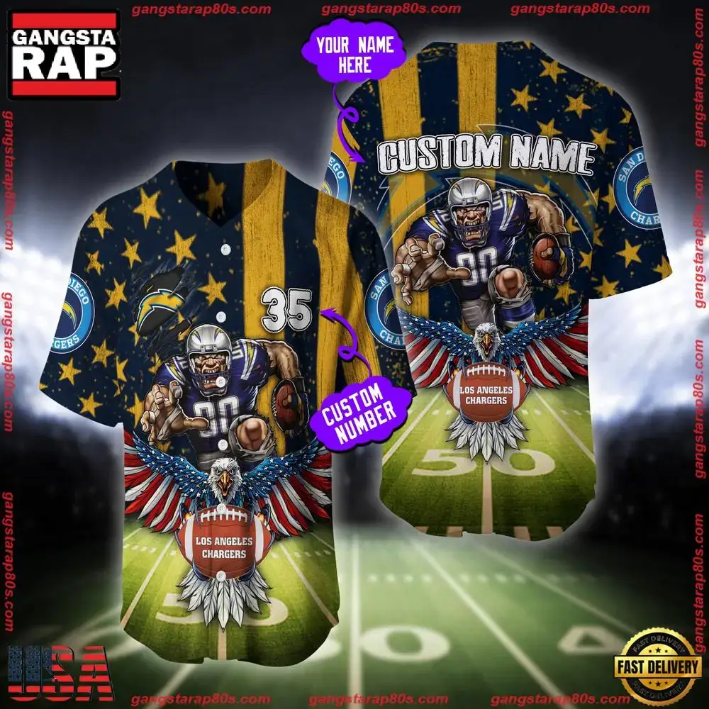 NFL Custom Name And Number Los Angeles Chargers Mascot US Flag Baseball Jersey Shirt Image
