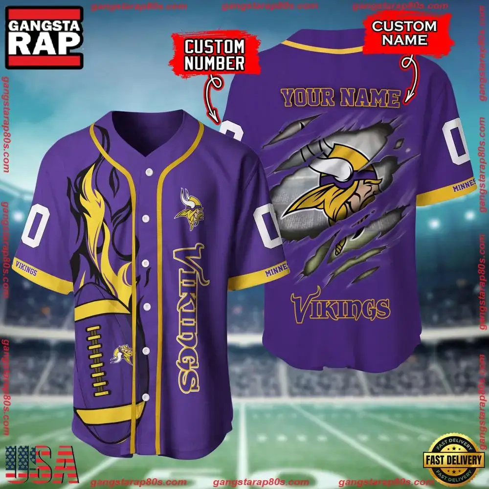 NFL Custom Name And Number Minnesota Vikings Team Sport Baseball Jersey Shirt Image