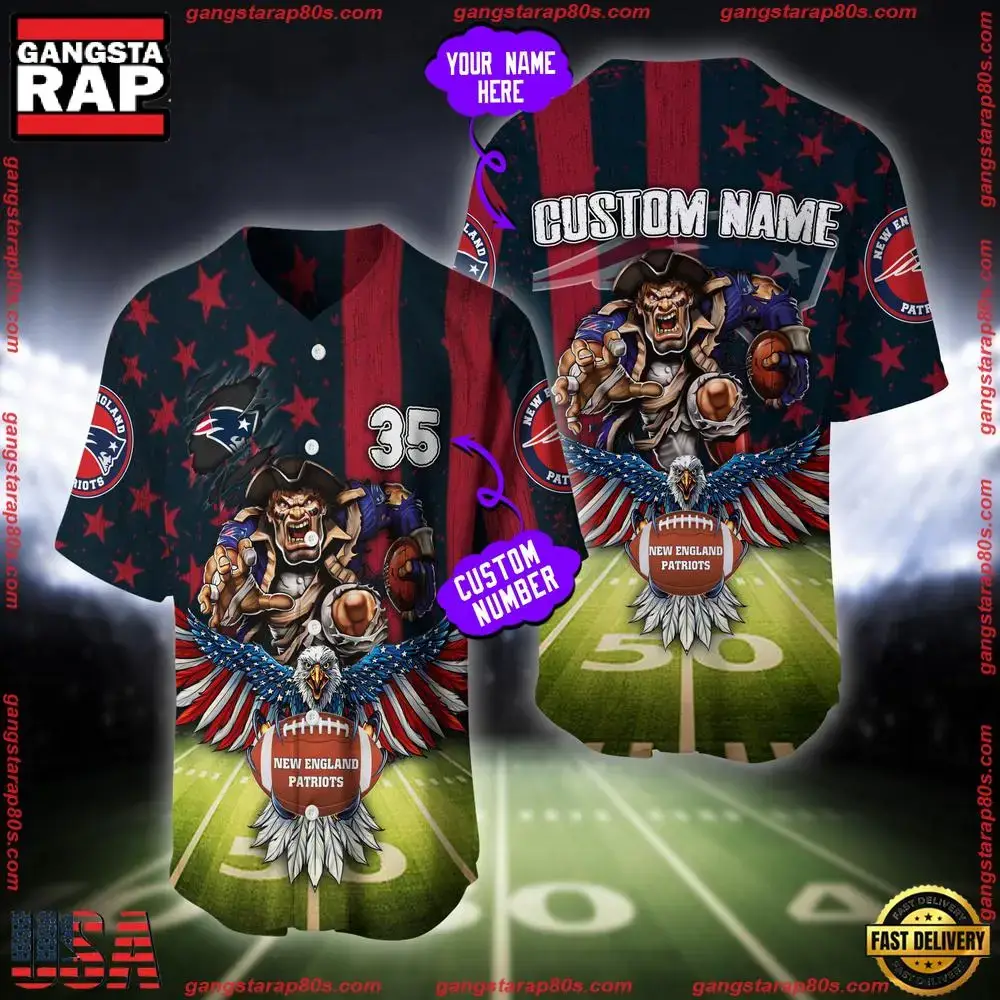 NFL Custom Name And Number New England Patriots Mascot US Flag Baseball Jersey Shirt Image
