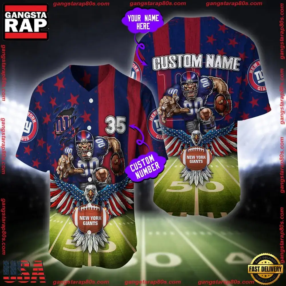 NFL Custom Name And Number New York Giants Mascot US Flag Baseball Jersey Shirt Image