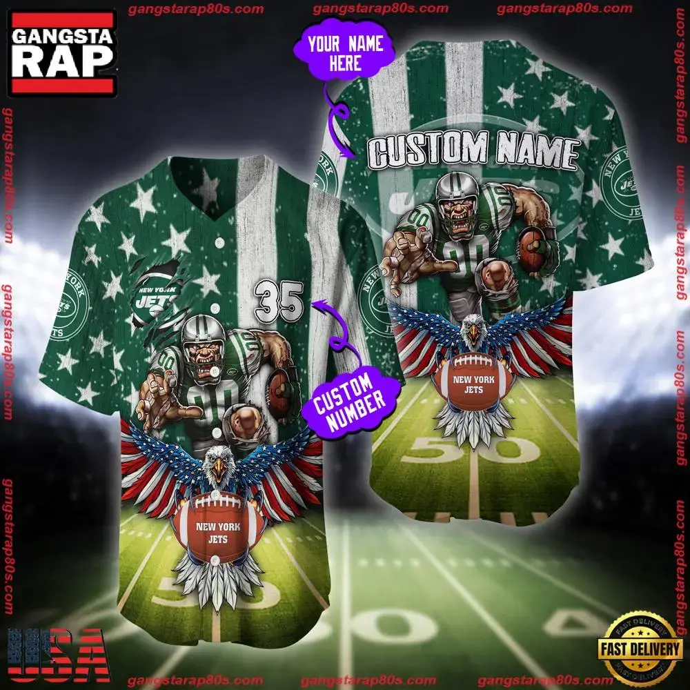NFL Custom Name And Number New York Jets Mascot US Flag Baseball Jersey Shirt Image