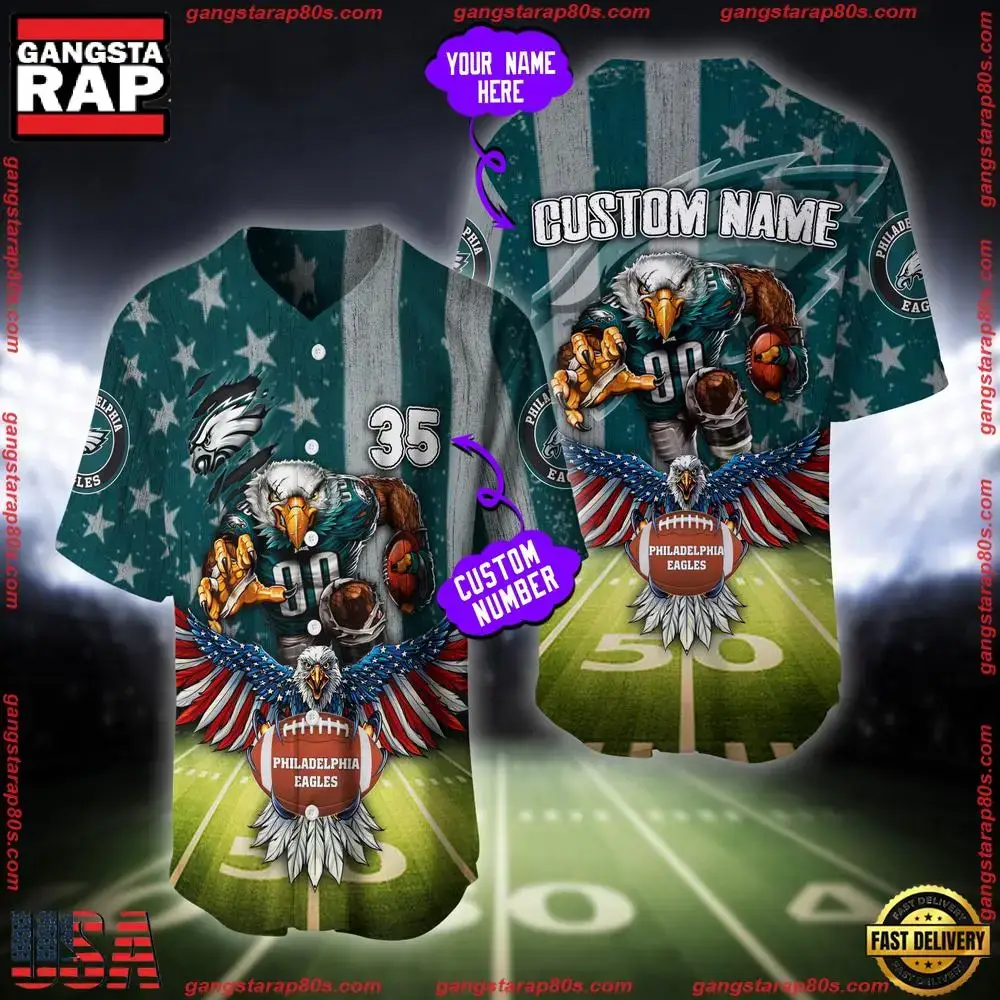 NFL Custom Name And Number Philadelphia Eagles Mascot US Flag Baseball Jersey Shirt Image