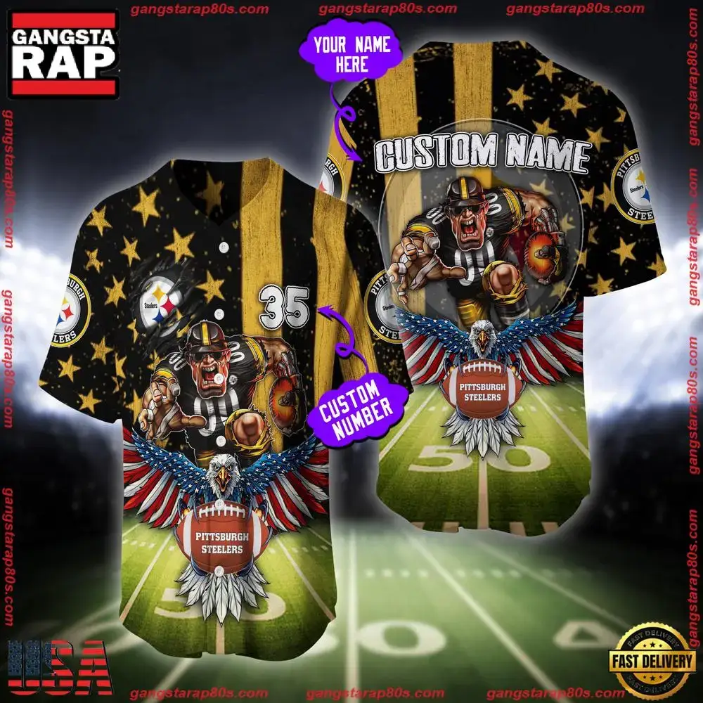 NFL Custom Name And Number Pittsburgh Steelers Mascot US Flag Baseball Jersey Shirt Image