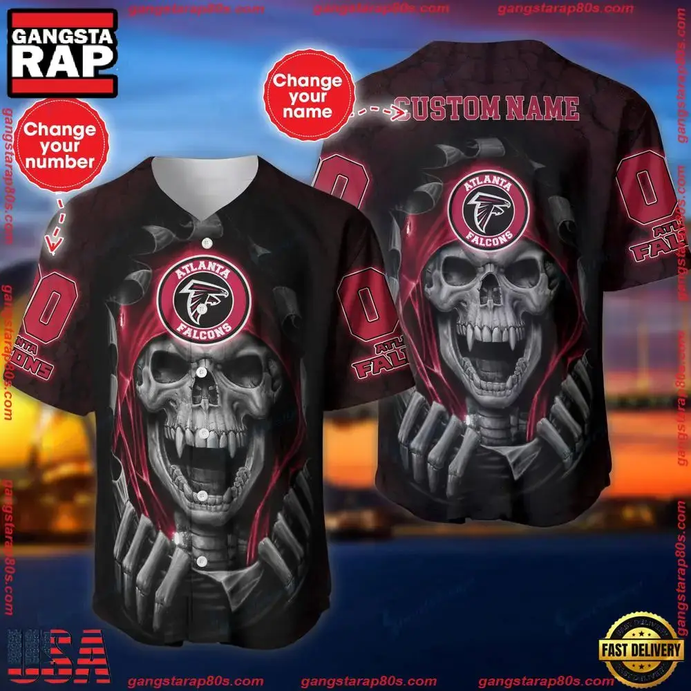 NFL Custom Name And Number Team Atlanta Falcons Skull Pattern Baseball Jersey Shirt Image