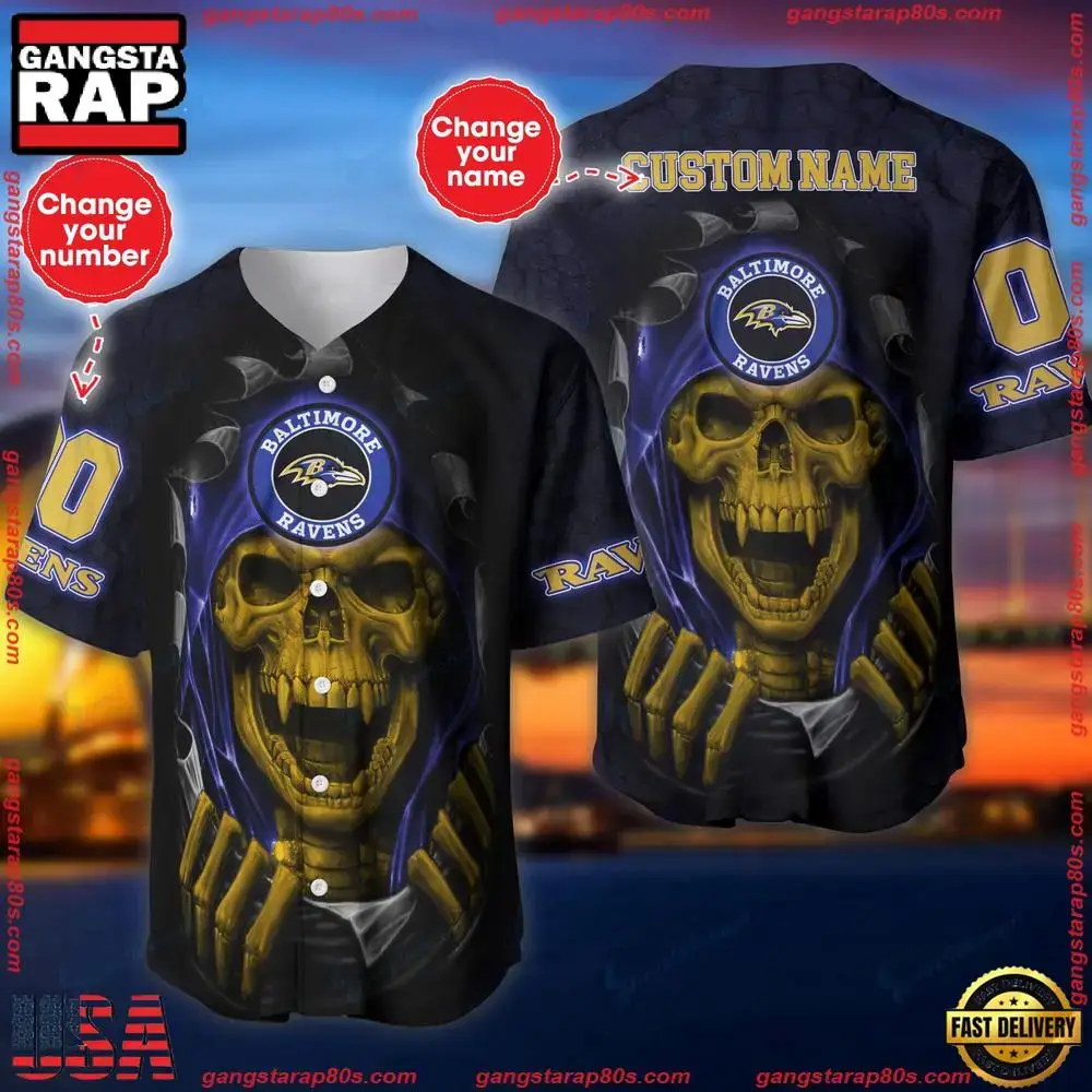 NFL Custom Name And Number Team Baltimore Ravens Skull Pattern Baseball Jersey Shirt Image