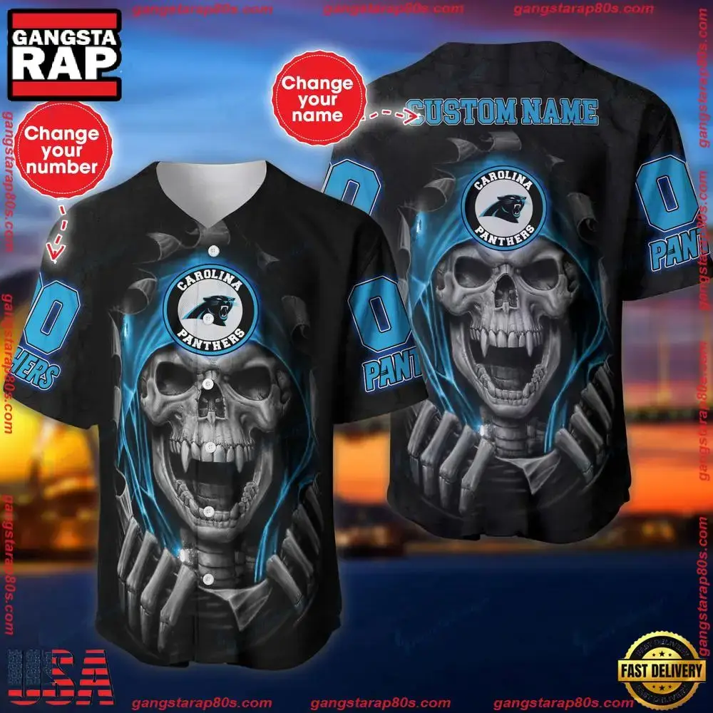 NFL Custom Name And Number Team Carolina Panthers Skull Pattern Baseball Jersey Shirt Image
