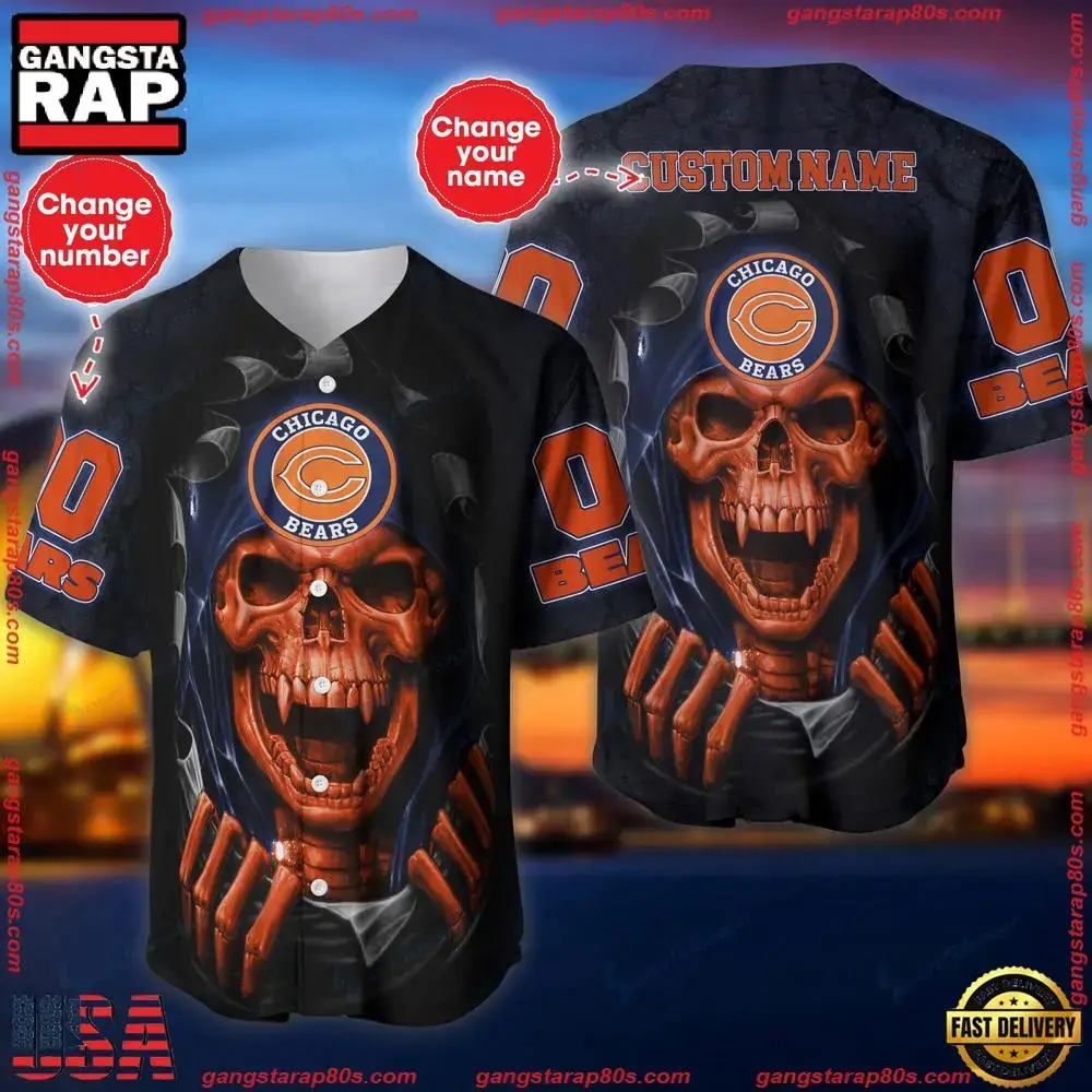 NFL Custom Name And Number Team Chicago Bears Skull Pattern Baseball Jersey Shirt Image