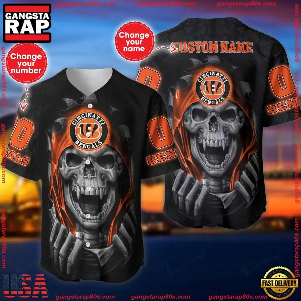 NFL Custom Name And Number Team Cincinnati Bengals Skull Pattern Baseball Jersey Shirt Image