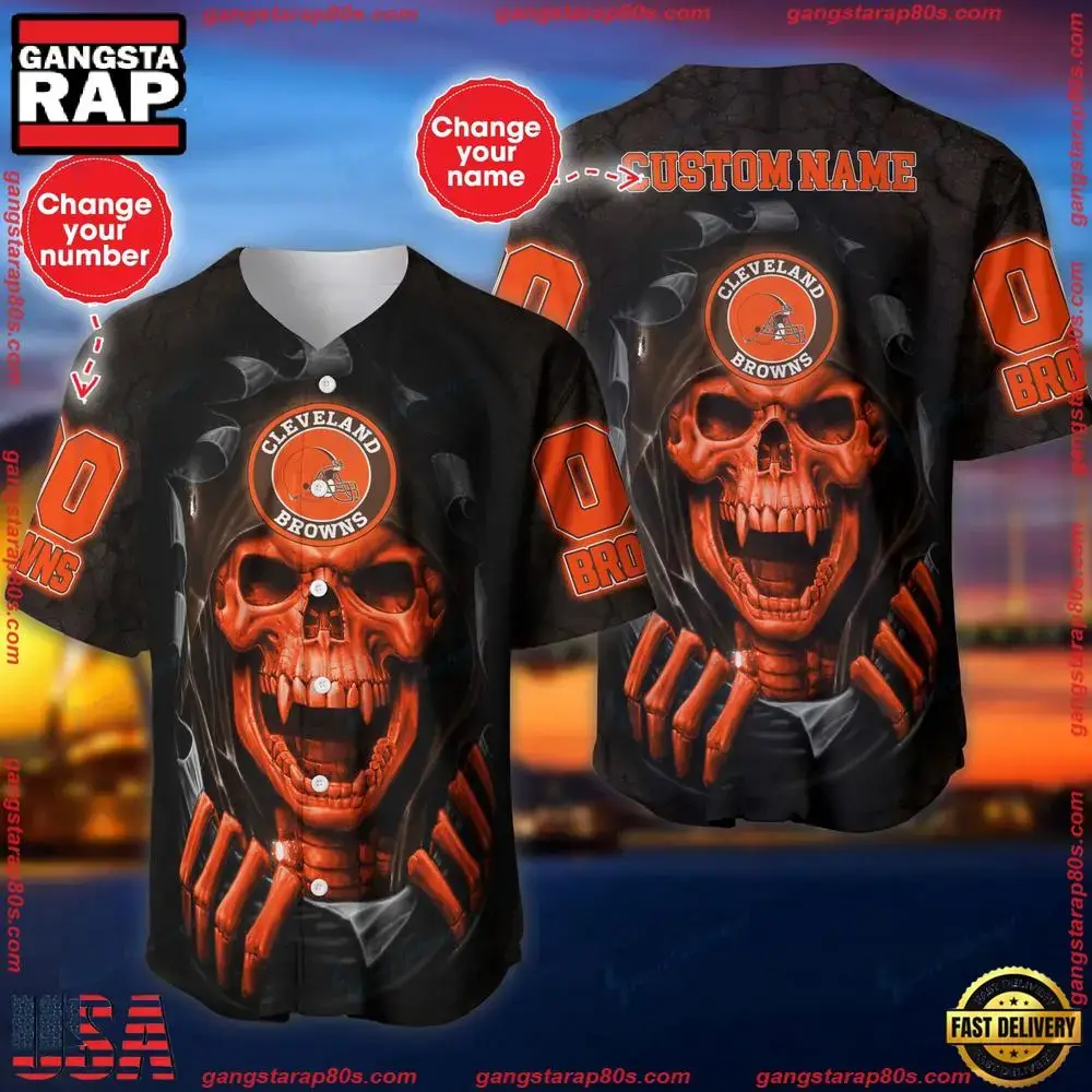 NFL Custom Name And Number Team Cleveland Browns Skull Pattern Baseball Jersey Shirt Image