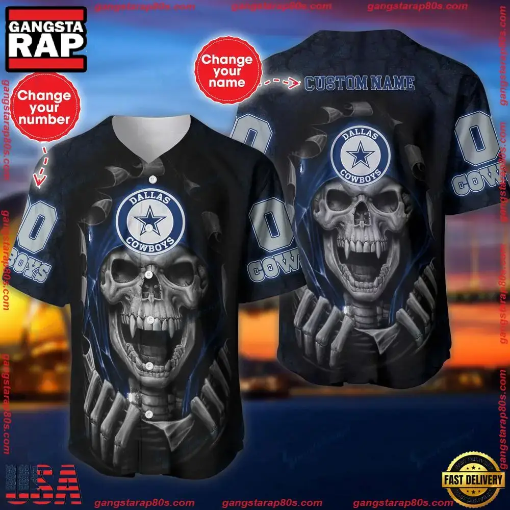 NFL Custom Name And Number Team Dallas Cowboys Skull Pattern Baseball Jersey Shirt Image