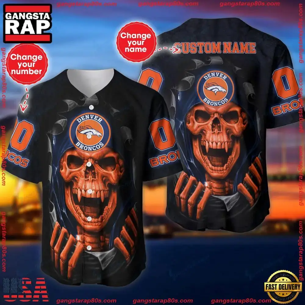 NFL Custom Name And Number Team Denver Broncos Skull Pattern Baseball Jersey Shirt Image