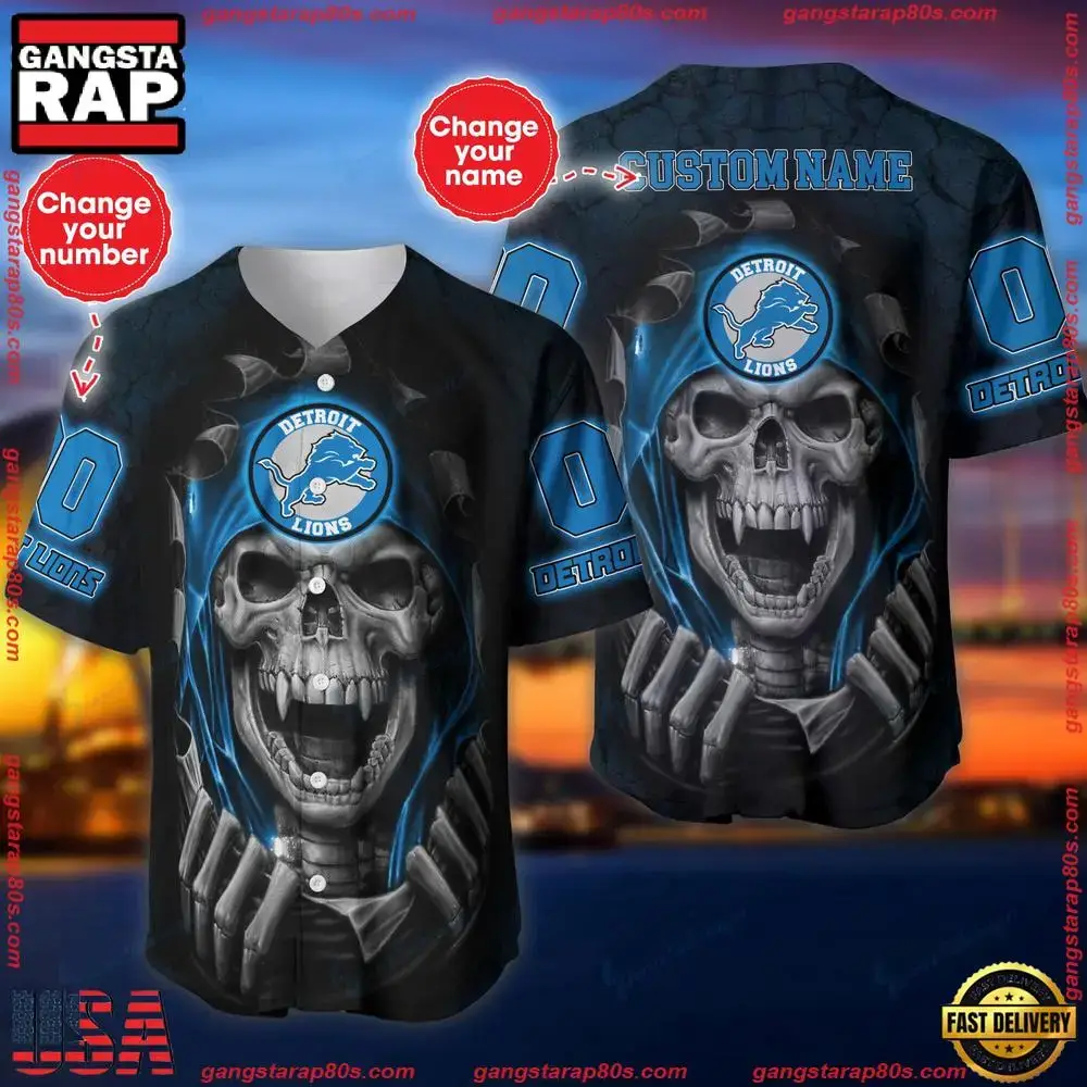 NFL Custom Name And Number Team Detroit Lions Skull Pattern Baseball Jersey Shirt Image