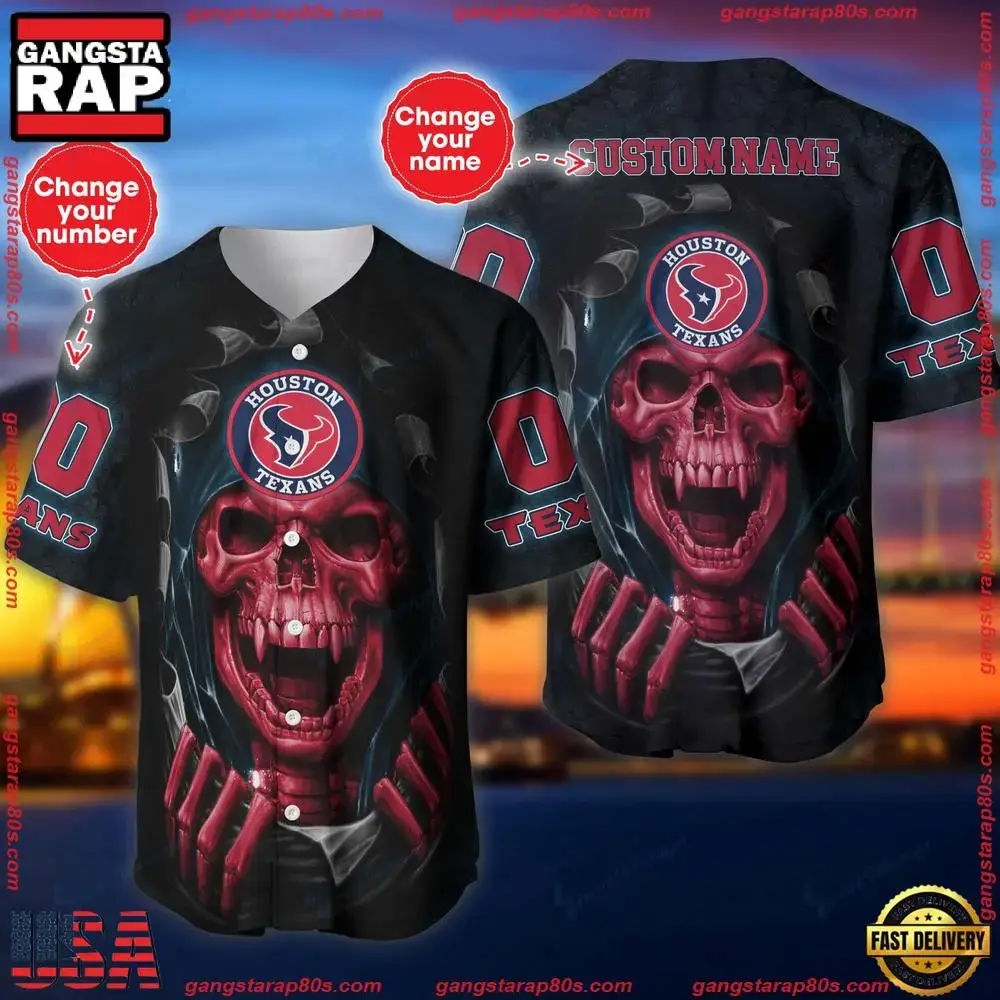 NFL Custom Name And Number Team Houston Texans Skull Pattern Baseball Jersey Shirt Image