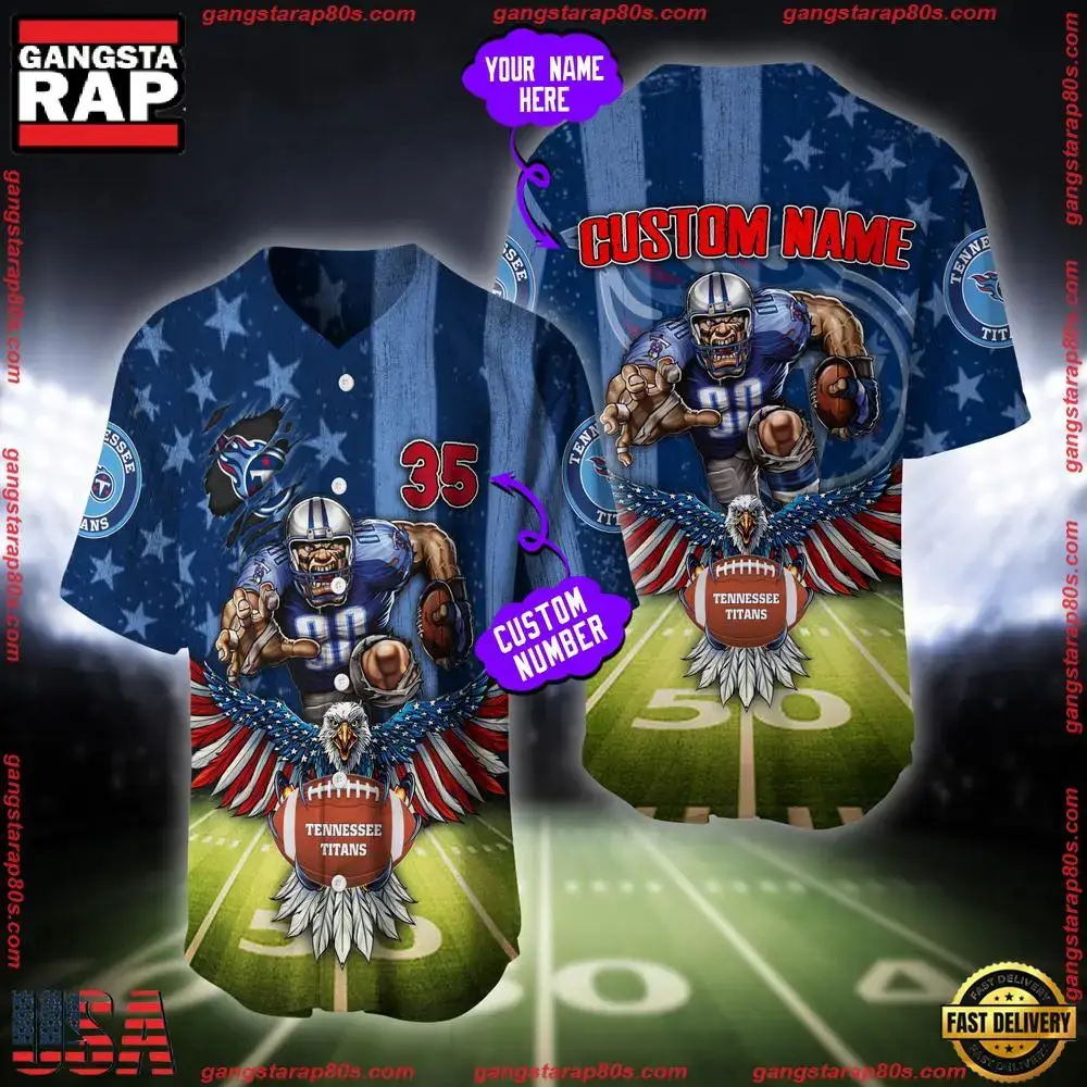 NFL Custom Name And Number Tennessee Titans Mascot US Flag Baseball Jersey Shirt Image
