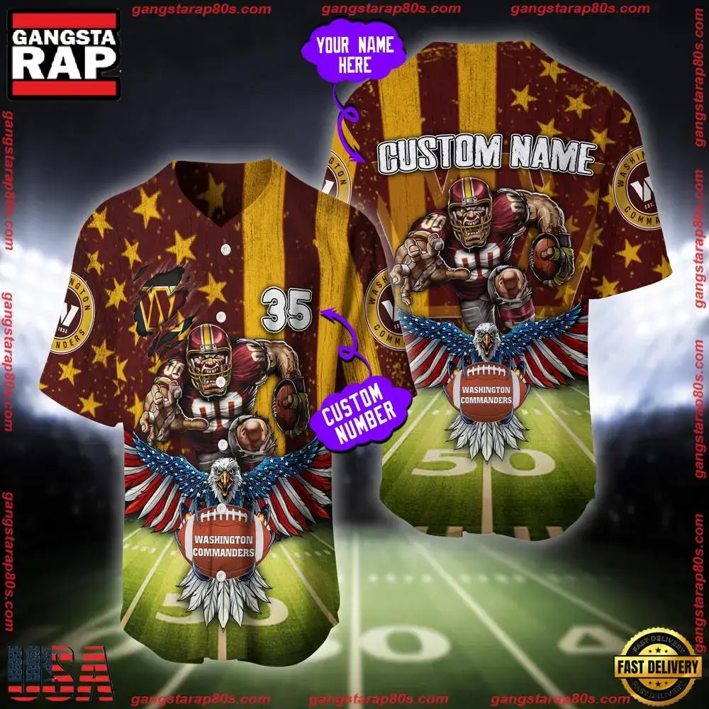 NFL Custom Name And Number Washington Commanders Mascot US Flag Baseball Jersey Shirt Image