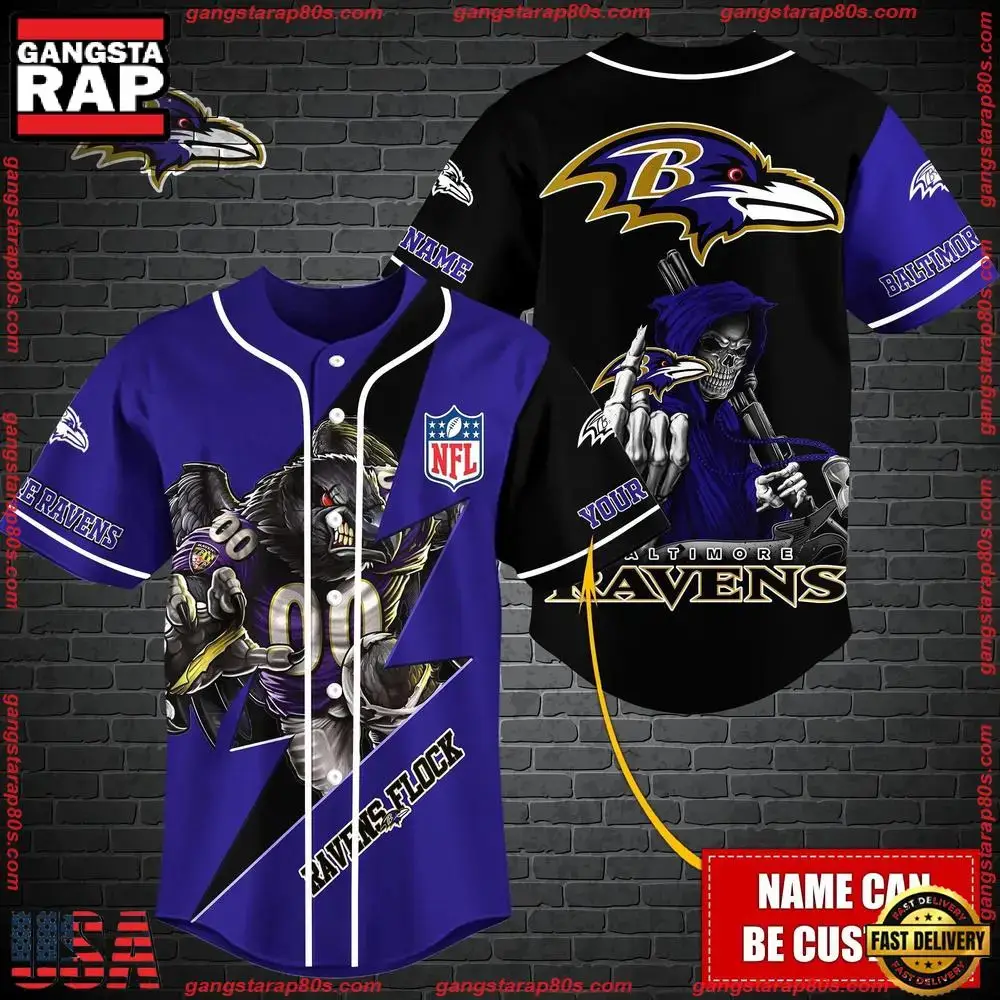 NFL Custom Name Baltimore Ravens Mascot And Skull New Design Baseball Jersey Image