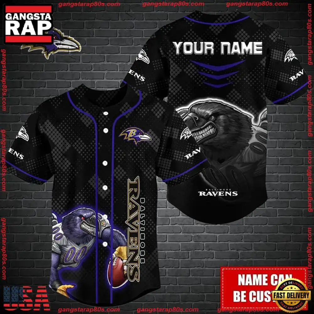 NFL Custom Name Baltimore Ravens Mascot Baseball Jersey Image