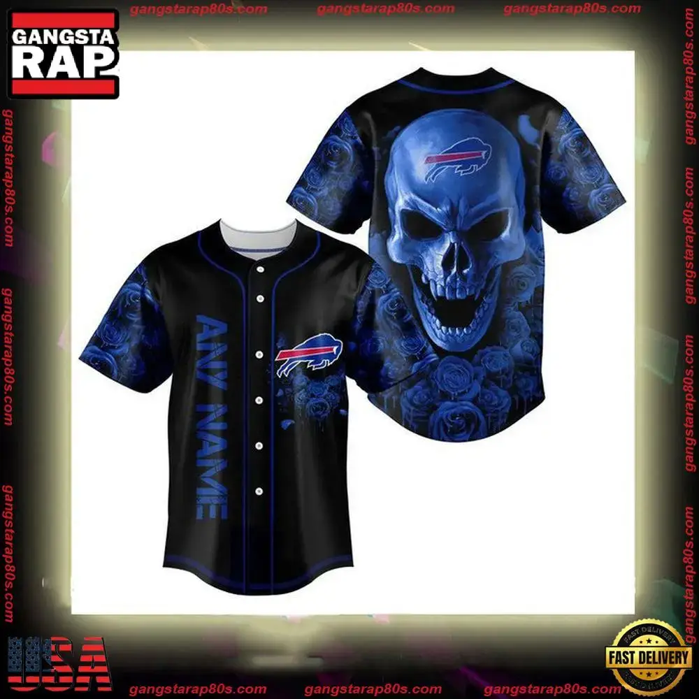 NFL Custom Name Buffalo Bills Football Skull Baseball Jersey Shirt Image
