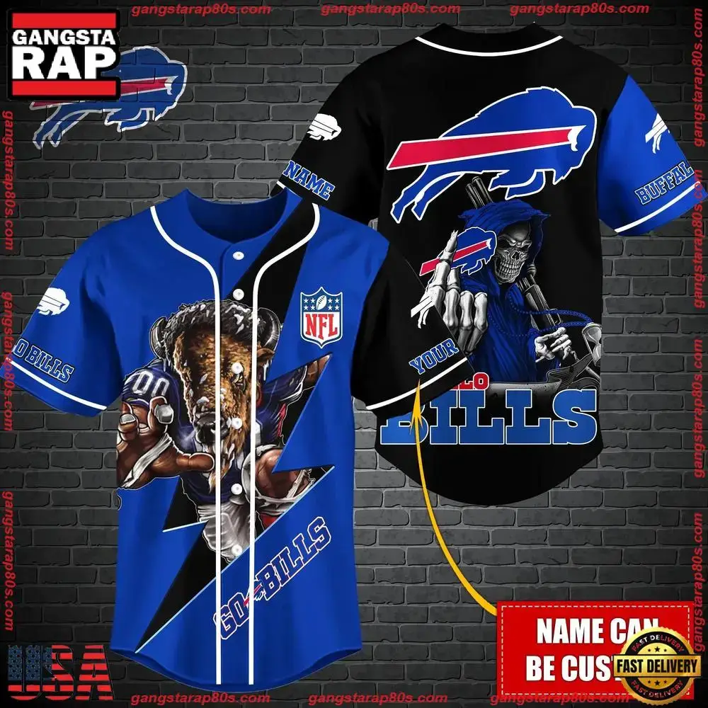 NFL Custom Name Buffalo Bills Mascot And Skull New Design Baseball Jersey Image