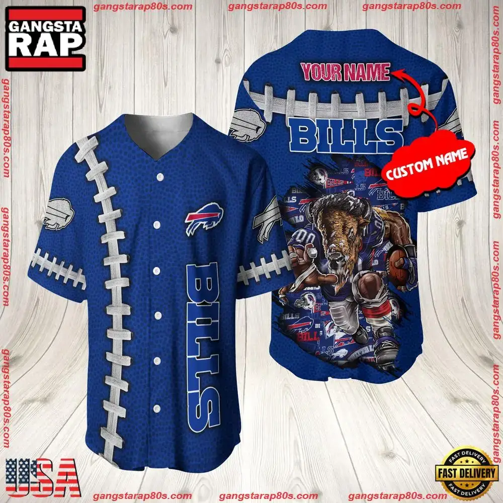 NFL Custom Name Buffalo Bills Mascot Baseball Jersey Shirt Image