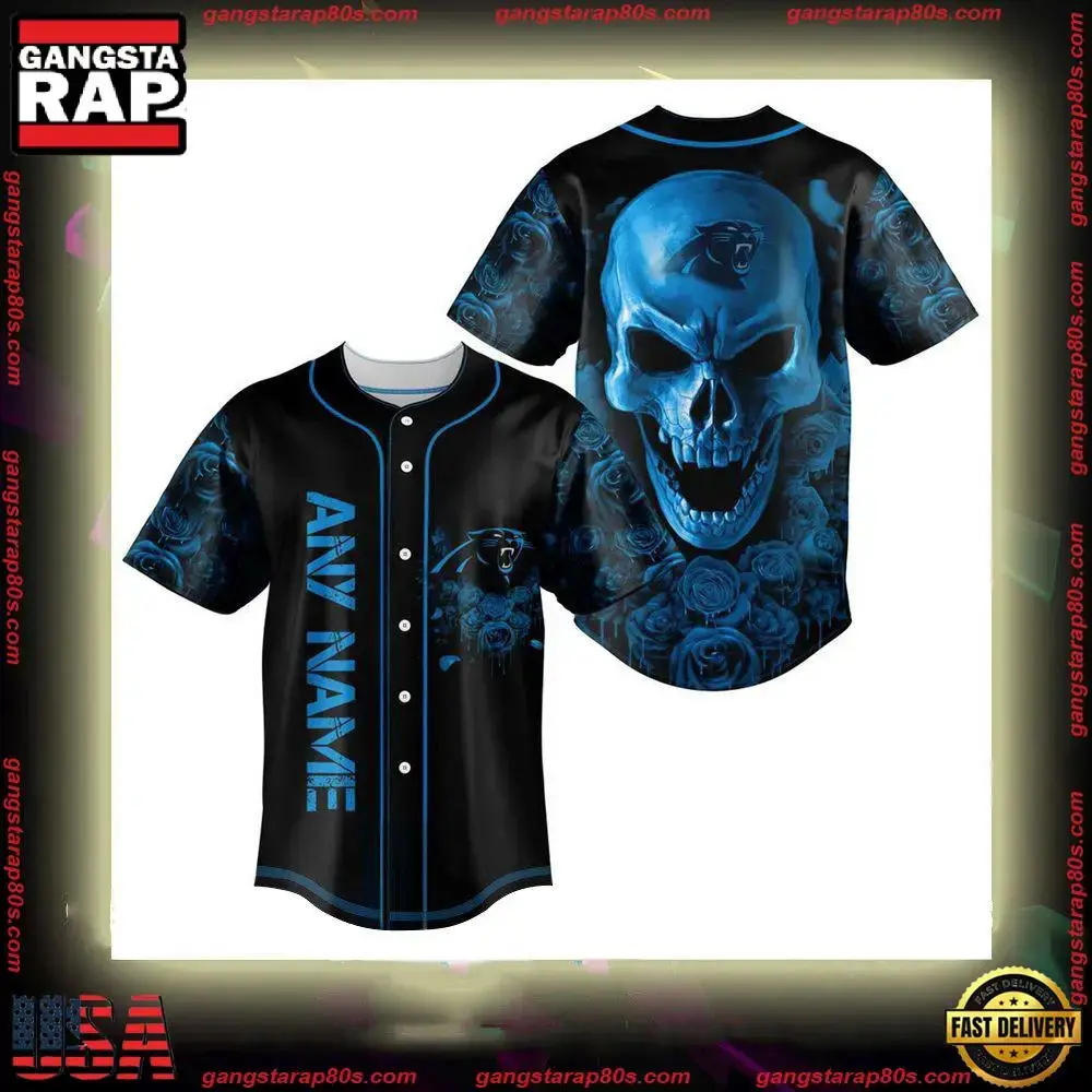 NFL Custom Name Carolina Panthers Football Skull Baseball Jersey Shirt Image