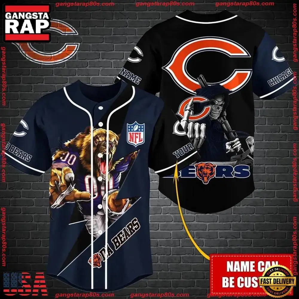 NFL Custom Name Chicago Bears Mascot And Skull New Design Baseball Jersey Image
