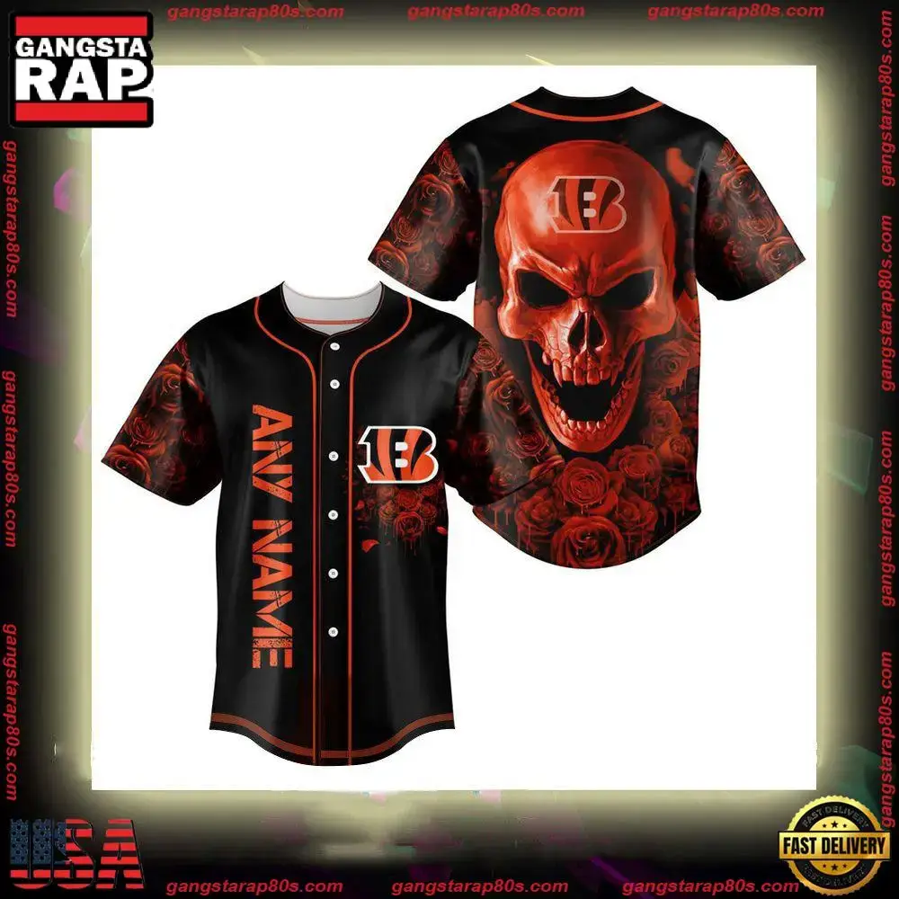 NFL Custom Name Cincinnati Bengals Football Skull Baseball Jersey Shirt Image