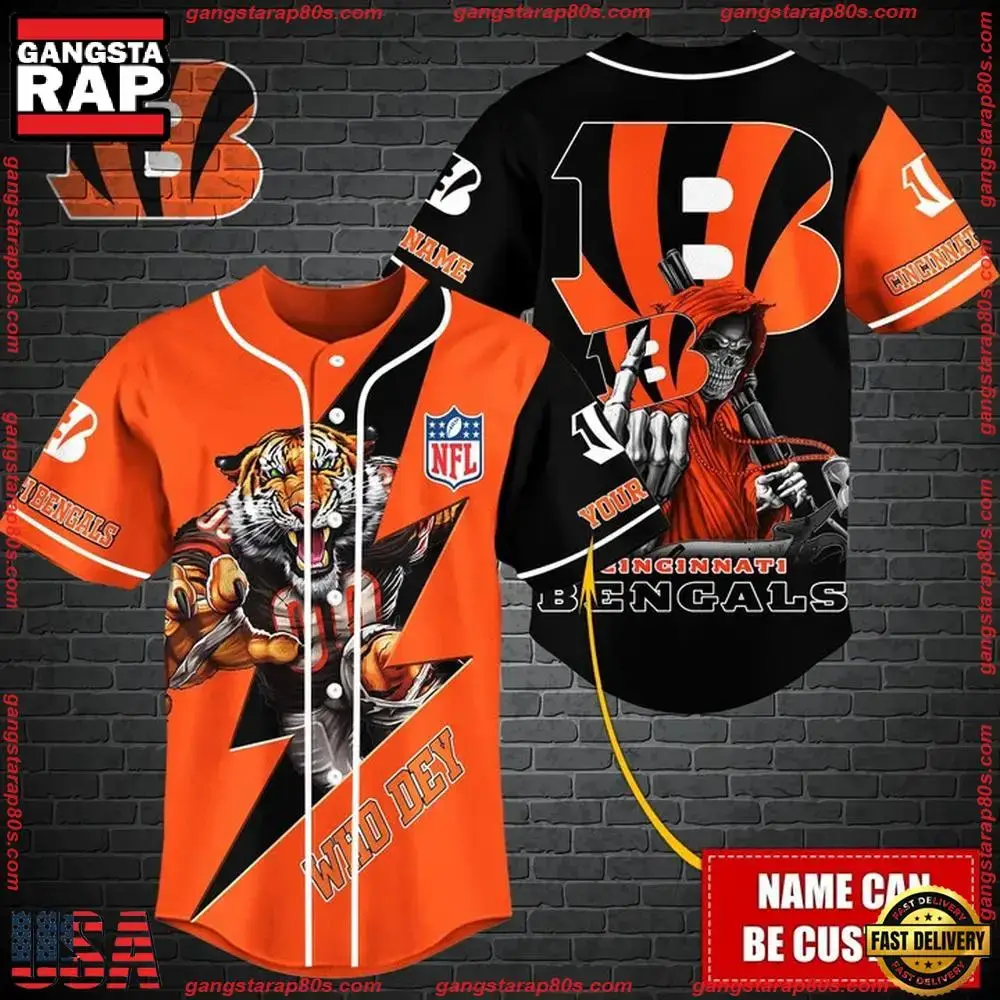 NFL Custom Name Cincinnati Bengals Mascot And Skull New Design Baseball Jersey Image