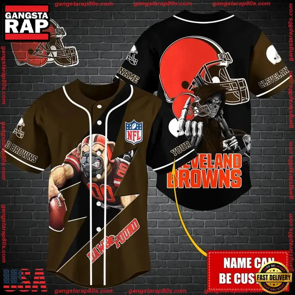 NFL Custom Name Cleveland Browns Mascot And Skull New Design Baseball Jersey Image