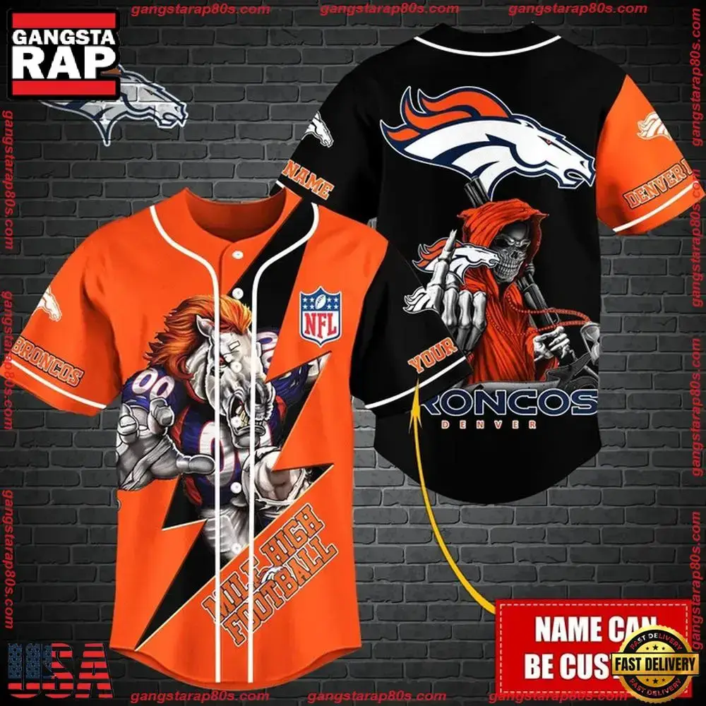 NFL Custom Name Denver Broncos Mascot And Skull New Design Baseball Jersey Image