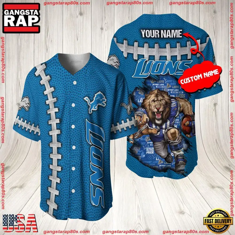 NFL Custom Name Detroit Lions Mascot Baseball Jersey Shirt Image