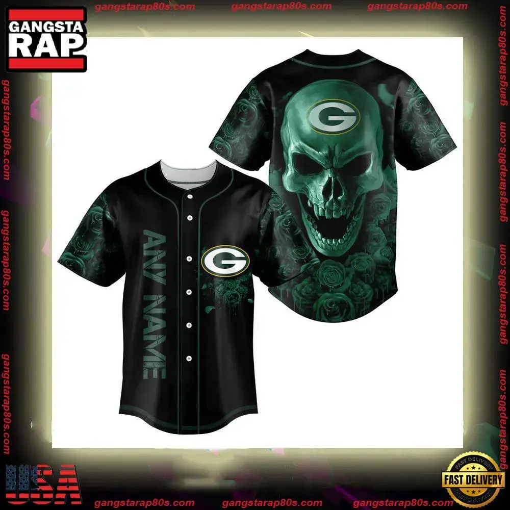 NFL Custom Name Green Bay Packers Football Skull Baseball Jersey Shirt Image