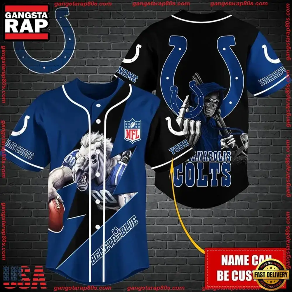 NFL Custom Name Indianapolis Colts Mascot And Skull New Design Baseball Jersey Image
