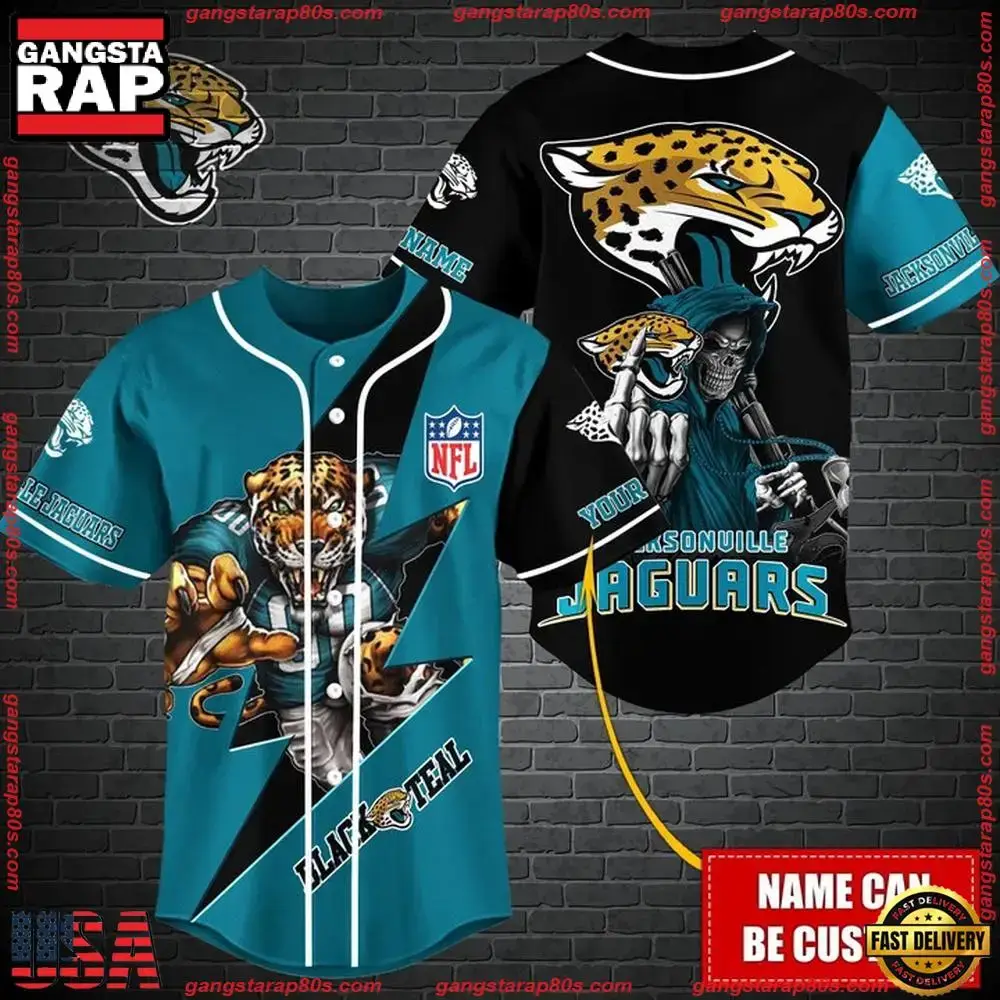 NFL Custom Name Jacksonville Jaguars Mascot And Skull New Design Baseball Jersey Image
