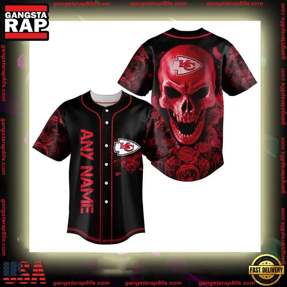 NFL Custom Name Kansas City Chiefs Football Skull Baseball Jersey Shirt Image