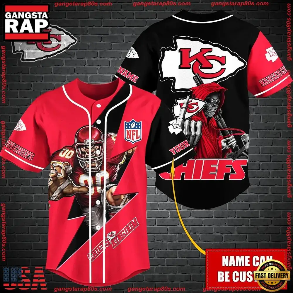 NFL Custom Name Kansas City Chiefs Mascot And Skull New Design Baseball Jersey Image